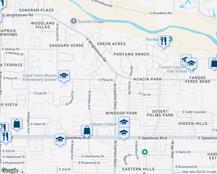 map of restaurants, bars, coffee shops, grocery stores, and more near 8620 East Pima Street in Tucson