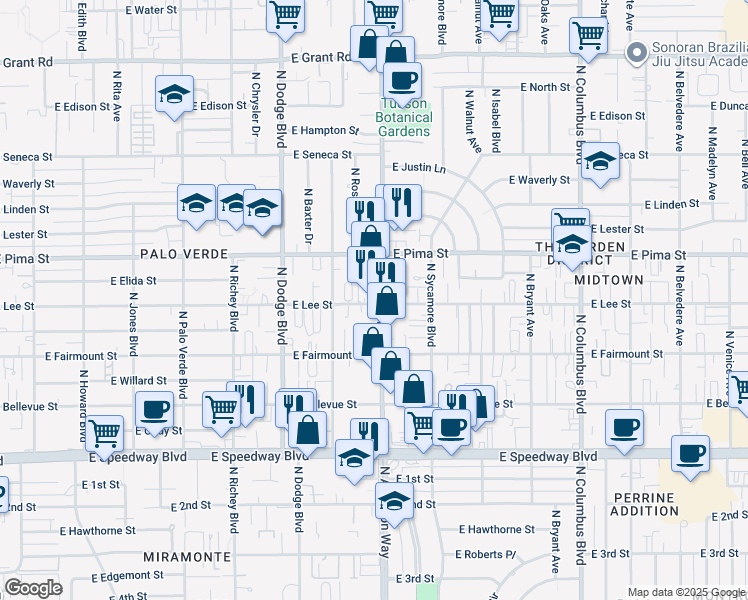 map of restaurants, bars, coffee shops, grocery stores, and more near 1643 North Alvernon Way in Tucson