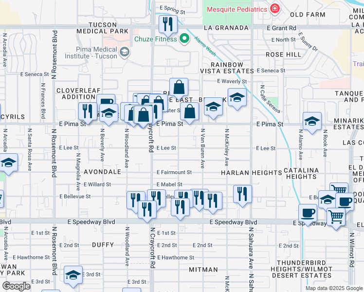 map of restaurants, bars, coffee shops, grocery stores, and more near 5613 East Lee Street in Tucson
