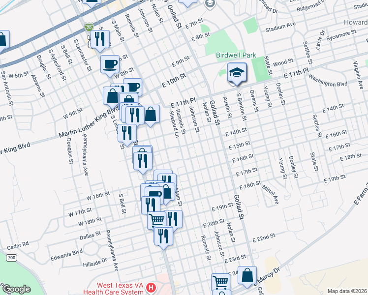 map of restaurants, bars, coffee shops, grocery stores, and more near 112 East 13th Street in Big Spring