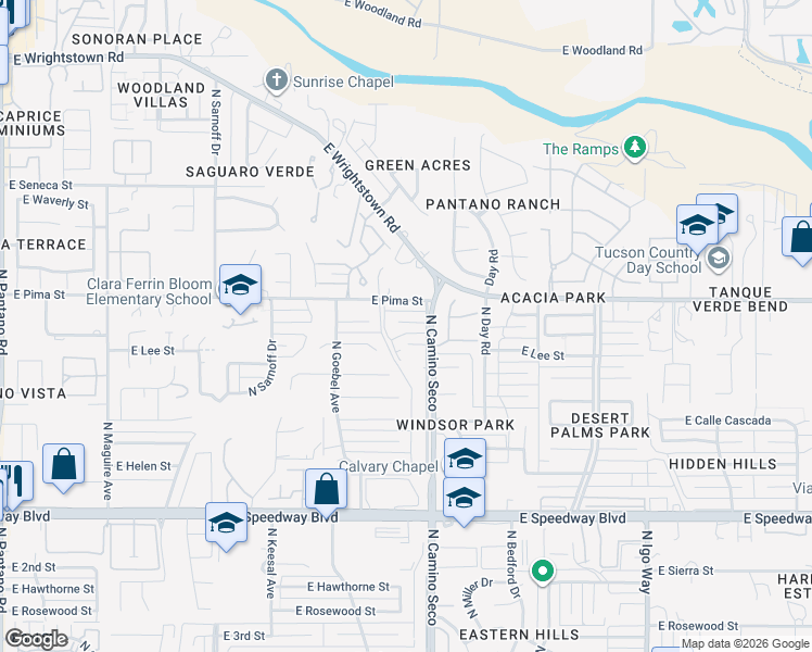 map of restaurants, bars, coffee shops, grocery stores, and more near 8620 East Pima Street in Tucson