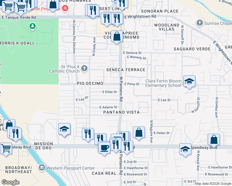 map of restaurants, bars, coffee shops, grocery stores, and more near 7852 East Pima Street in Tucson