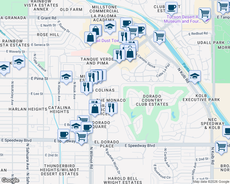 map of restaurants, bars, coffee shops, grocery stores, and more near 1620 North Wilmot Road in Tucson