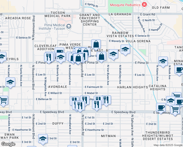 map of restaurants, bars, coffee shops, grocery stores, and more near 5549 East Lee Street in Tucson