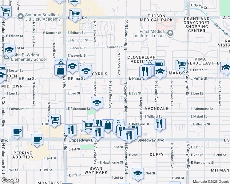map of restaurants, bars, coffee shops, grocery stores, and more near 1623 North Santa Rosa Avenue in Tucson