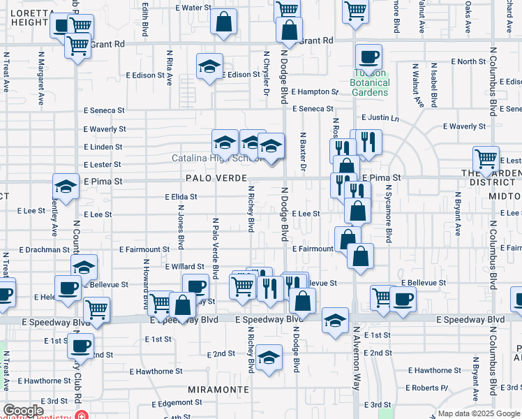 map of restaurants, bars, coffee shops, grocery stores, and more near 1626 North Richey Boulevard in Tucson