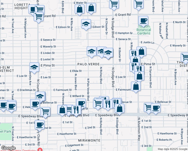 map of restaurants, bars, coffee shops, grocery stores, and more near 3514 East Elida Street in Tucson