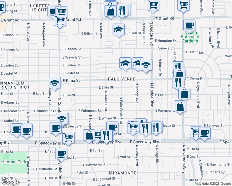 map of restaurants, bars, coffee shops, grocery stores, and more near 3437 East Elida Street in Tucson