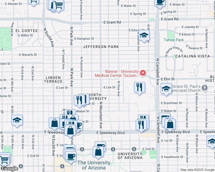 map of restaurants, bars, coffee shops, grocery stores, and more near 1310 East Elm Street in Tucson
