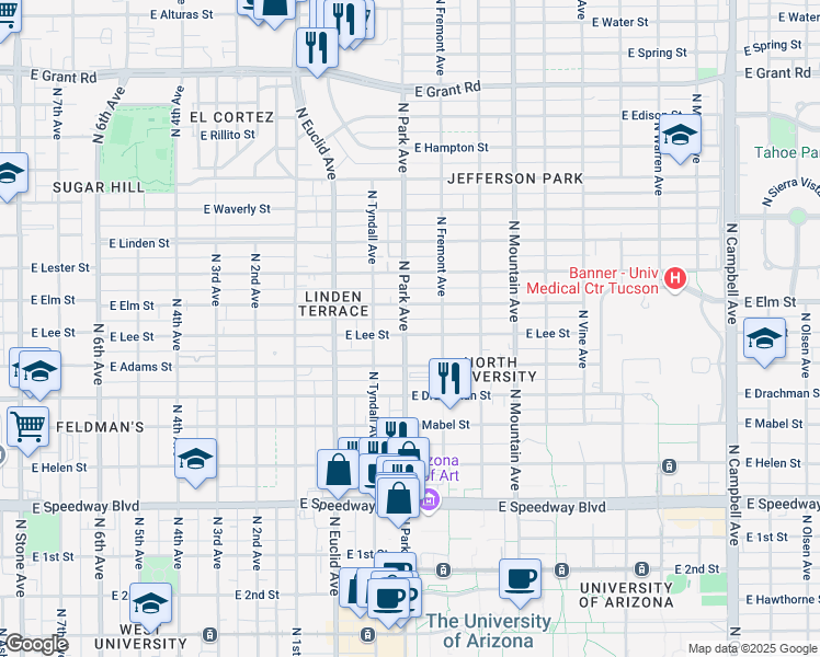map of restaurants, bars, coffee shops, grocery stores, and more near 1002 East Elm Street in Tucson