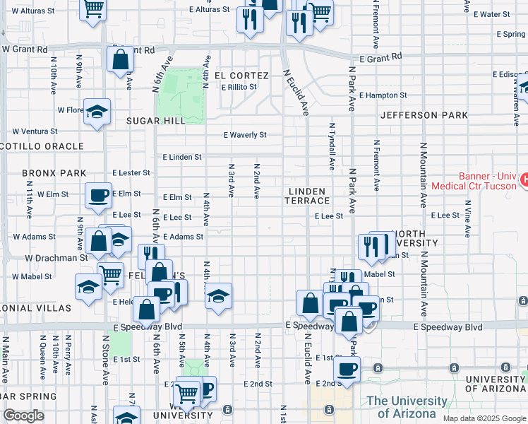 map of restaurants, bars, coffee shops, grocery stores, and more near 604 East Elm Street in Tucson