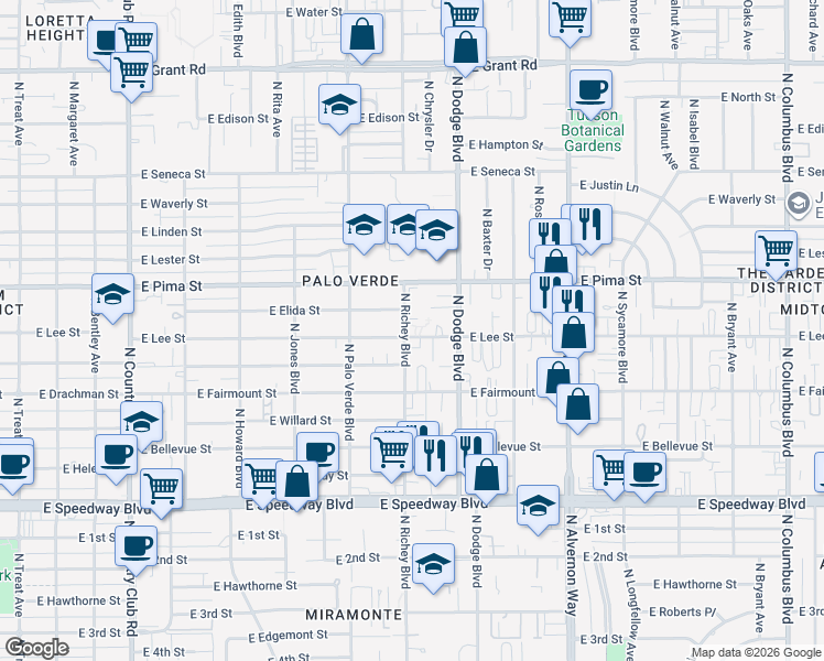 map of restaurants, bars, coffee shops, grocery stores, and more near 1608 North Richey Boulevard in Tucson