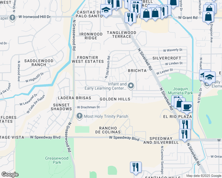 map of restaurants, bars, coffee shops, grocery stores, and more near 2255 West Golden Hills Road in Tucson