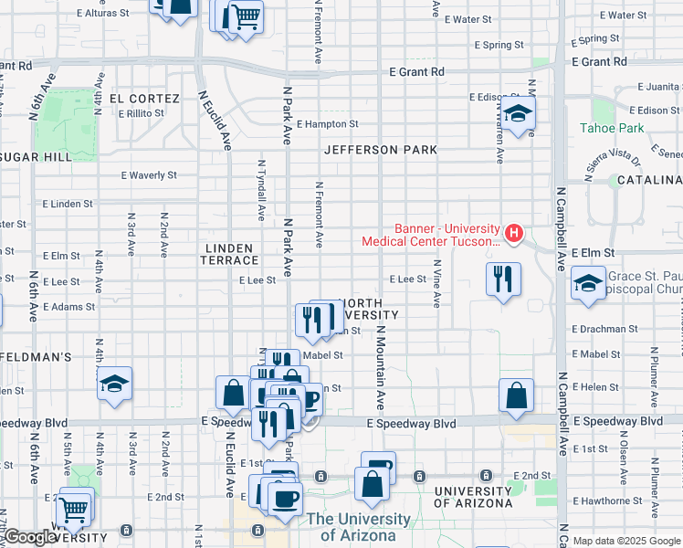 map of restaurants, bars, coffee shops, grocery stores, and more near 1636 North Fremont Avenue in Tucson
