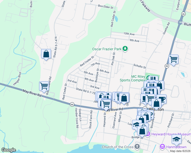 map of restaurants, bars, coffee shops, grocery stores, and more near 29 5th Avenue in Bluffton