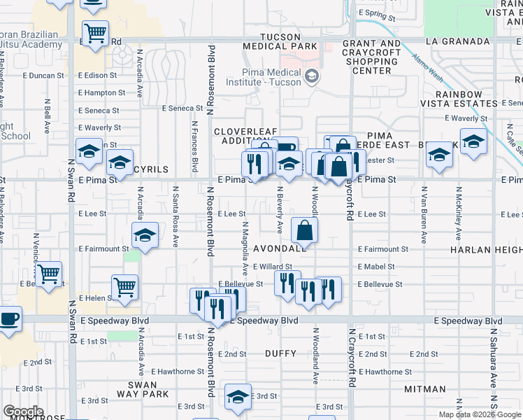 map of restaurants, bars, coffee shops, grocery stores, and more near 1646 North Magnolia Avenue in Tucson