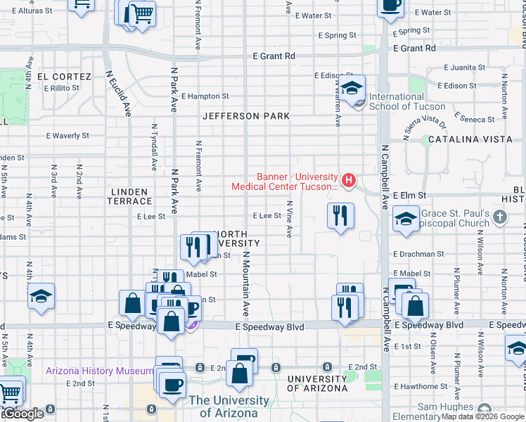 map of restaurants, bars, coffee shops, grocery stores, and more near 1310 East Elm Street in Tucson