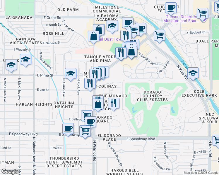 map of restaurants, bars, coffee shops, grocery stores, and more near 1600 North Wilmot Road in Tucson