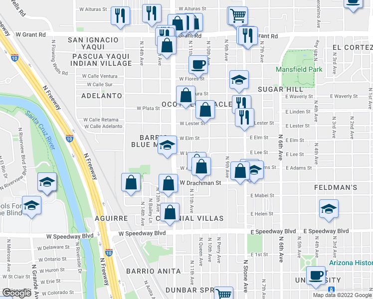 map of restaurants, bars, coffee shops, grocery stores, and more near 312 West Lee Street in Tucson