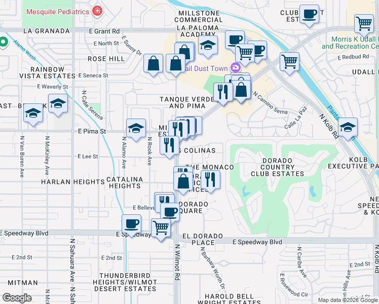 map of restaurants, bars, coffee shops, grocery stores, and more near 6310 North Wilmot Road in Tucson