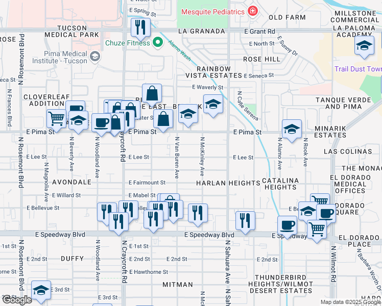 map of restaurants, bars, coffee shops, grocery stores, and more near 5780 East Elida Street in Tucson