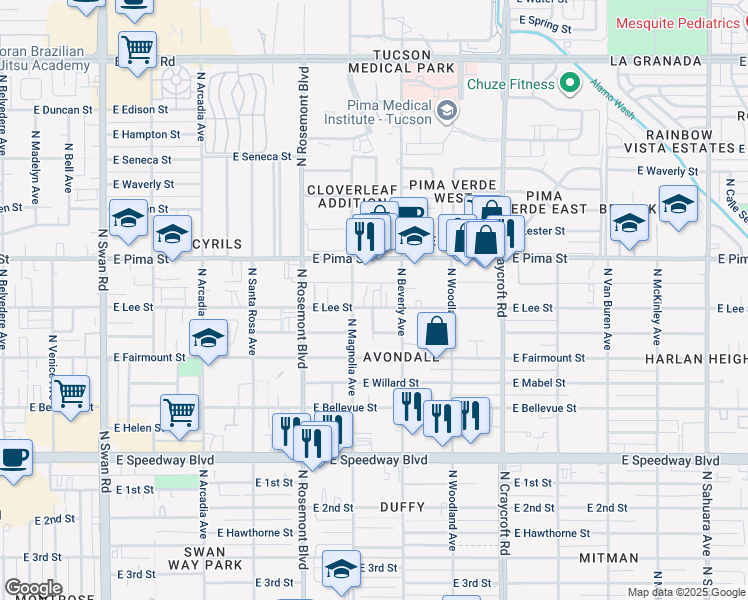 map of restaurants, bars, coffee shops, grocery stores, and more near 1646 North Magnolia Avenue in Tucson
