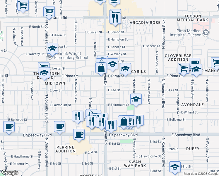 map of restaurants, bars, coffee shops, grocery stores, and more near 1636 North Swan Road in Tucson