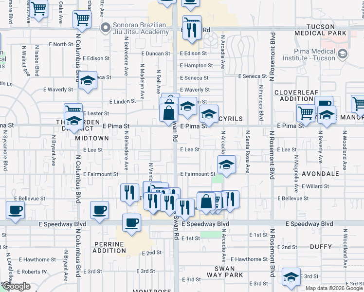 map of restaurants, bars, coffee shops, grocery stores, and more near 1636 North Swan Road in Tucson