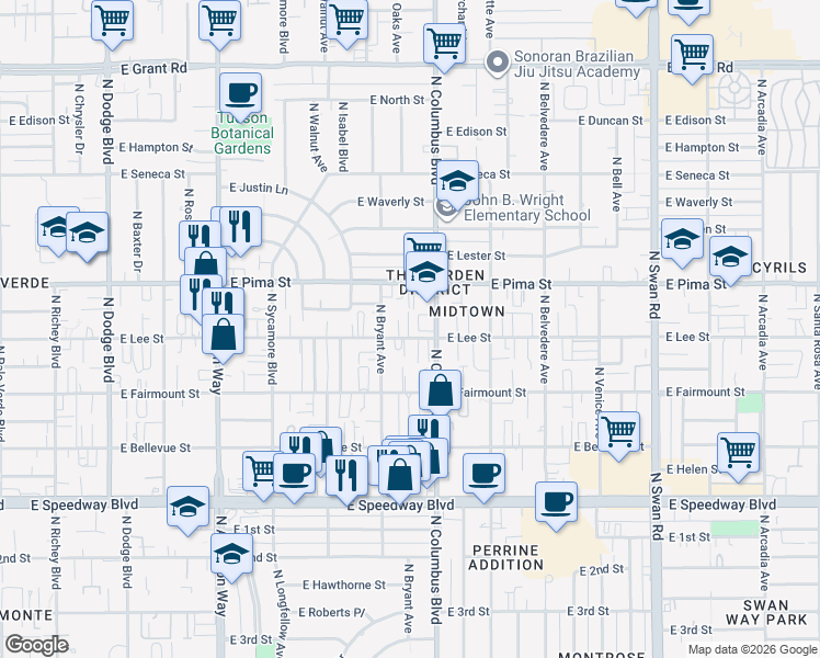 map of restaurants, bars, coffee shops, grocery stores, and more near 4232 East Pima Street in Tucson