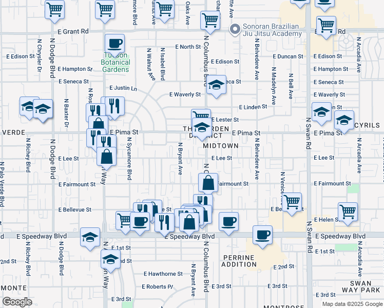 map of restaurants, bars, coffee shops, grocery stores, and more near 4232 East Pima Street in Tucson