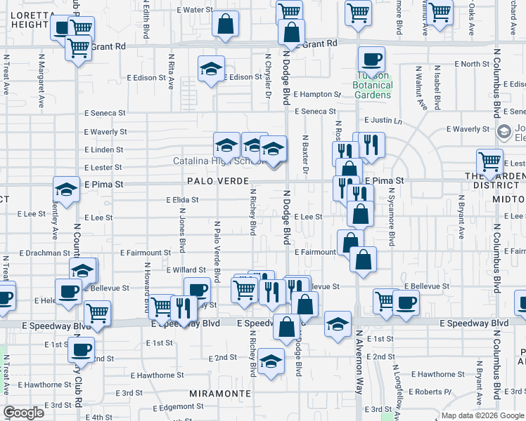 map of restaurants, bars, coffee shops, grocery stores, and more near 1626 North Richey Boulevard in Tucson