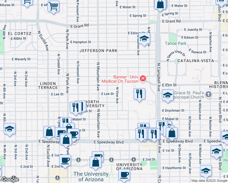 map of restaurants, bars, coffee shops, grocery stores, and more near 1428 East Elm Street in Tucson