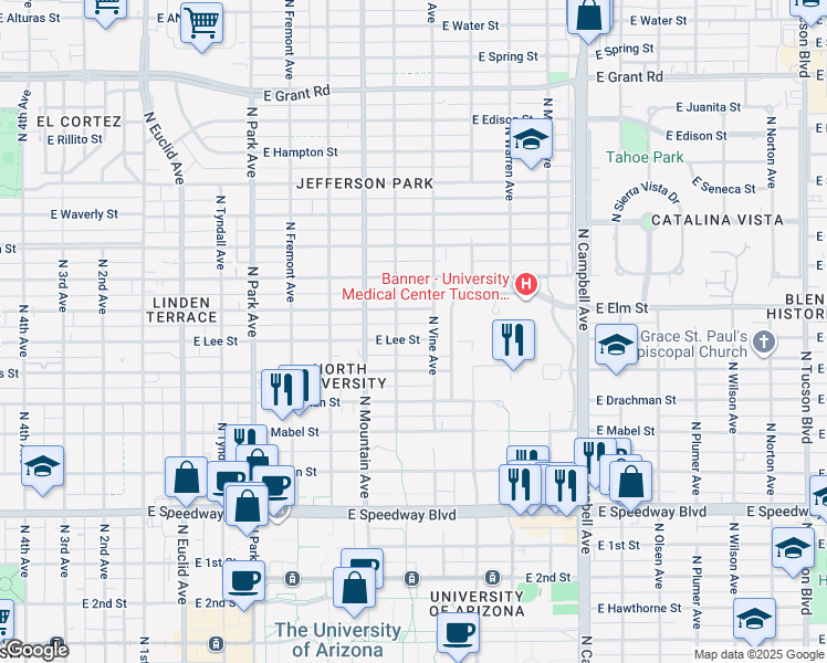 map of restaurants, bars, coffee shops, grocery stores, and more near 1428 East Elm Street in Tucson