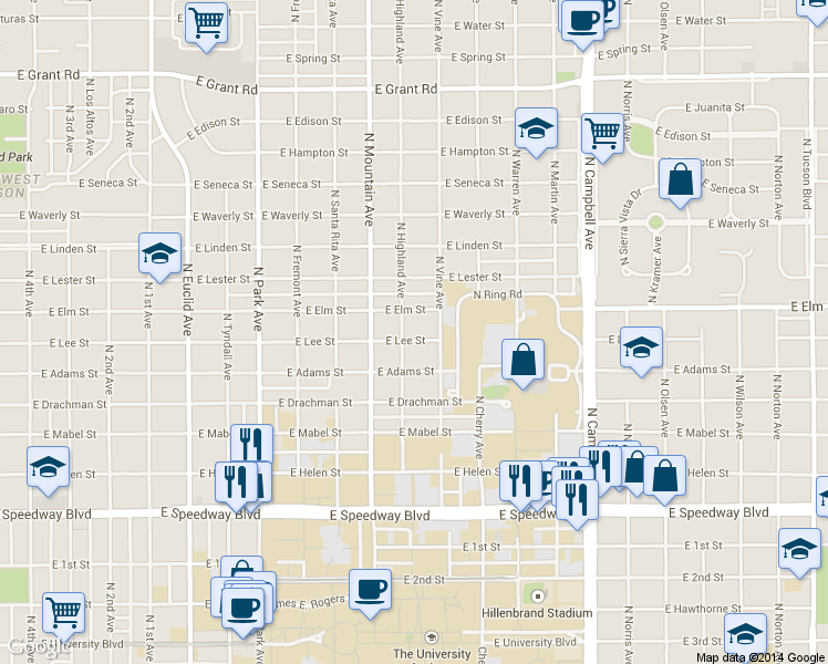map of restaurants, bars, coffee shops, grocery stores, and more near 1428 East Elm Street in Tucson