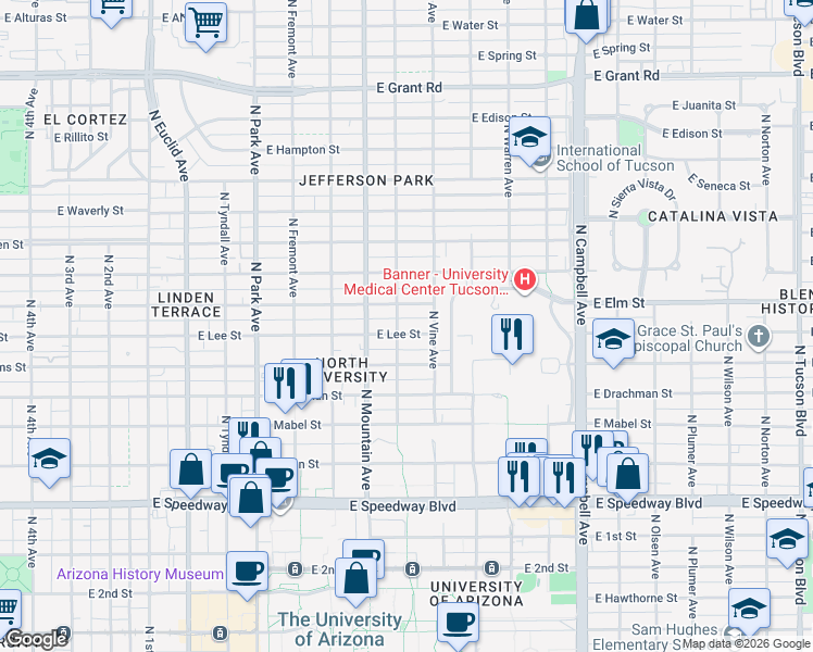 map of restaurants, bars, coffee shops, grocery stores, and more near 1428 East Elm Street in Tucson
