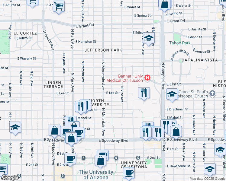 map of restaurants, bars, coffee shops, grocery stores, and more near 1428 East Elm Street in Tucson