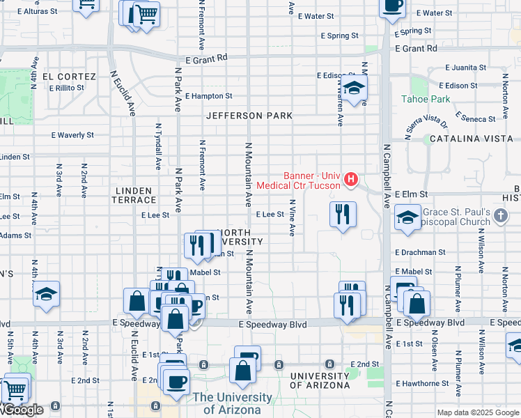 map of restaurants, bars, coffee shops, grocery stores, and more near 1310 East Elm Street in Tucson