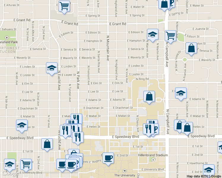 map of restaurants, bars, coffee shops, grocery stores, and more near 1316 East Elm Street in Tucson