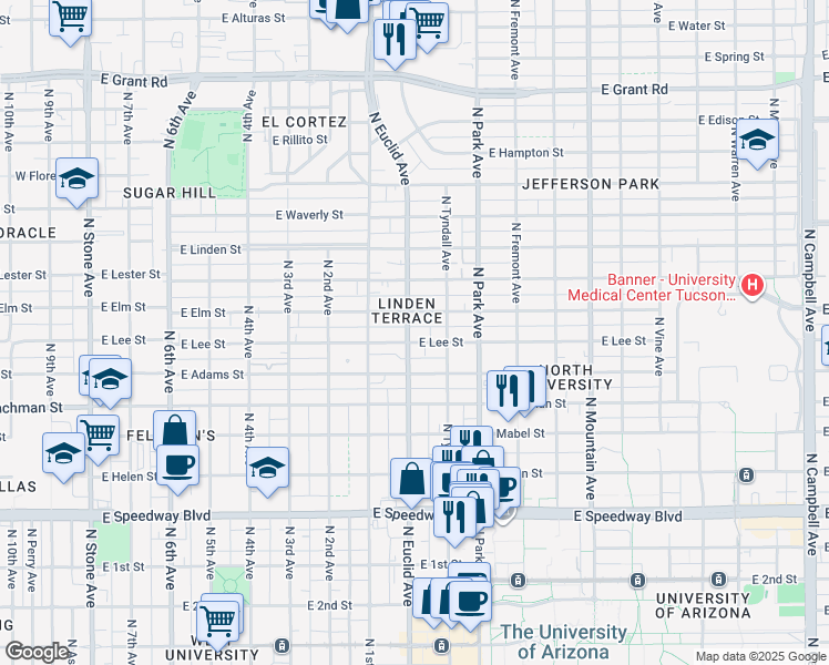 map of restaurants, bars, coffee shops, grocery stores, and more near 800 East Elm Street in Tucson
