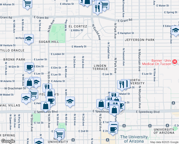 map of restaurants, bars, coffee shops, grocery stores, and more near 1648 North 1st Avenue in Tucson