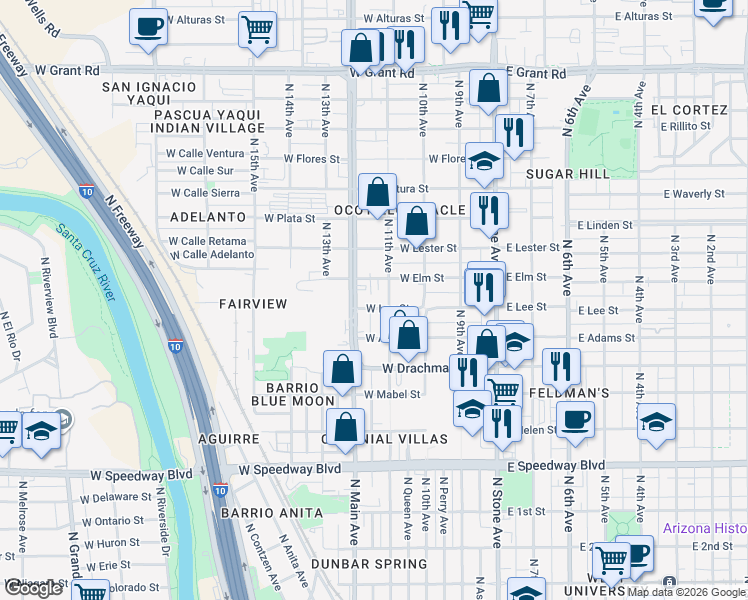 map of restaurants, bars, coffee shops, grocery stores, and more near 1650 North Oracle Road in Tucson