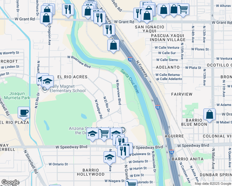 map of restaurants, bars, coffee shops, grocery stores, and more near 1624 North Riverview Boulevard in Tucson