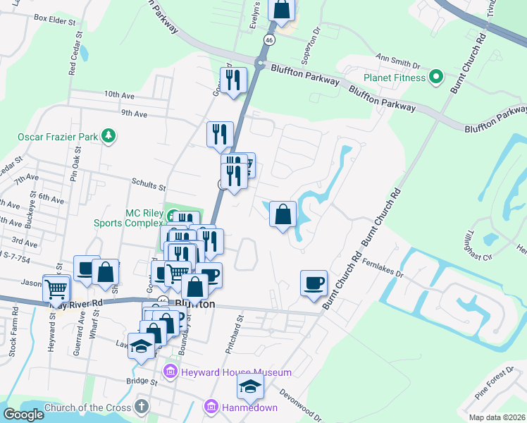 map of restaurants, bars, coffee shops, grocery stores, and more near 15b Cassandra Lane in Bluffton