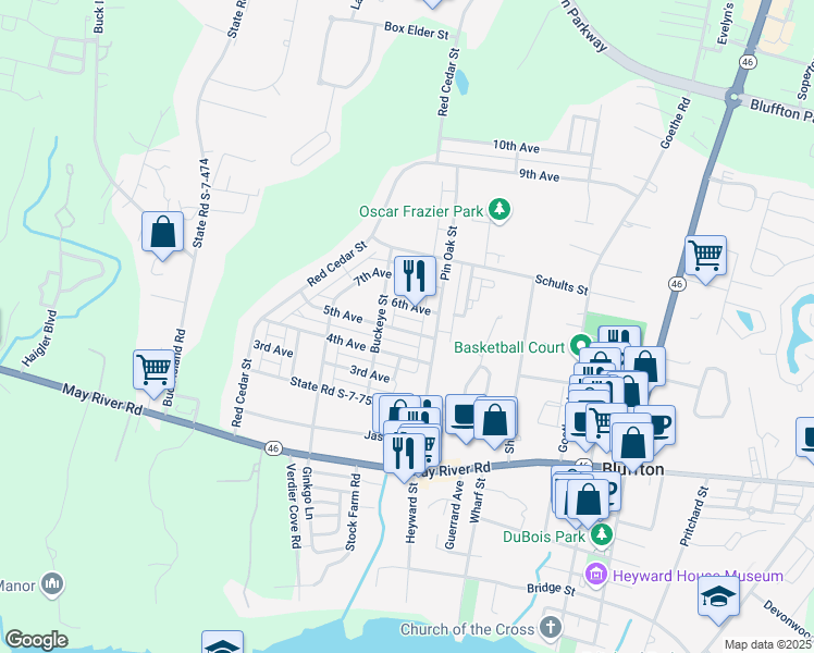 map of restaurants, bars, coffee shops, grocery stores, and more near 14 5th Avenue in Bluffton