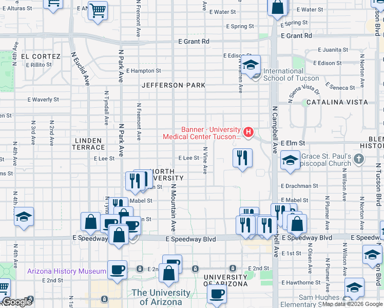map of restaurants, bars, coffee shops, grocery stores, and more near 1428 East Elm Street in Tucson