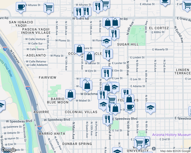 map of restaurants, bars, coffee shops, grocery stores, and more near 134 W Lee St in Tucson