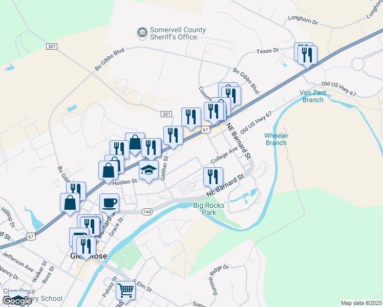 map of restaurants, bars, coffee shops, grocery stores, and more near 1021 Holden Street in Glen Rose