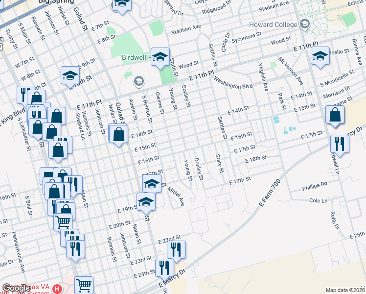 map of restaurants, bars, coffee shops, grocery stores, and more near Young Street in Big Spring