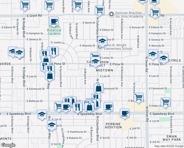 map of restaurants, bars, coffee shops, grocery stores, and more near 4232 East Pima Street in Tucson
