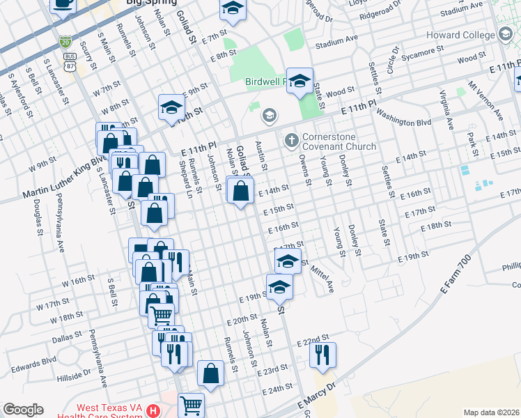 map of restaurants, bars, coffee shops, grocery stores, and more near 1402 Austin Street in Big Spring